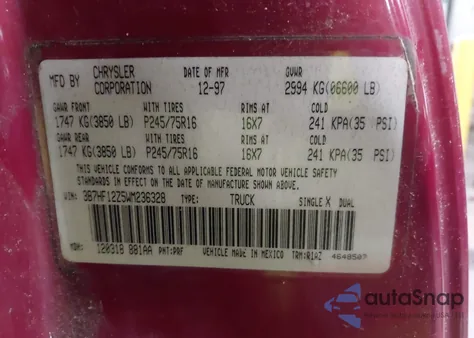 1998 Dodge Ram 1500 St from USA, damaged, VIN 3B7HF12Z5WM236328